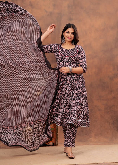 A-Line Anarkali Kurti Pant Set With Dupatta - Bagru Hand Block Printed | Pure Cotton Fabric | Customisable Sizes