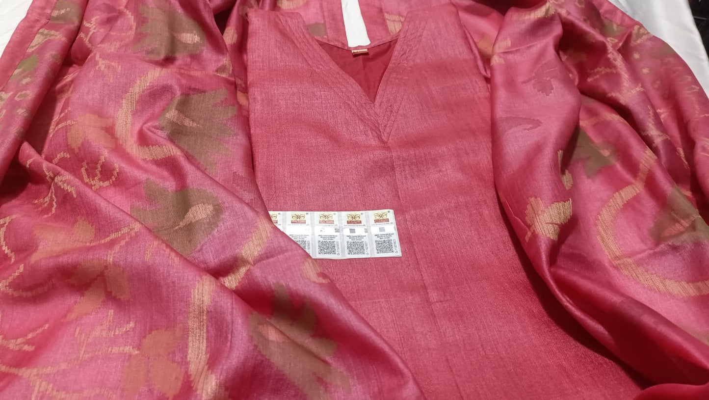 Pure Tussar Silk Handwoven Dress Material Set | Semi-Stitched Kurta with Handwoven Tussar Dupatta
