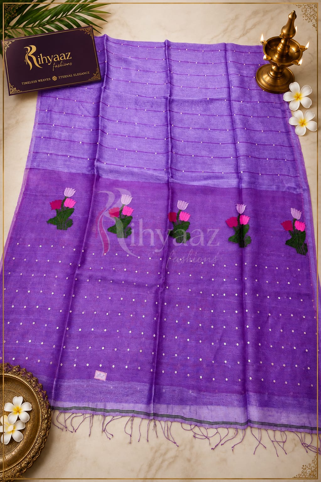 Tinka premium linen saree with resham tulip woven Jamdani anchal and all-over sequin detailing by Rihyaaz