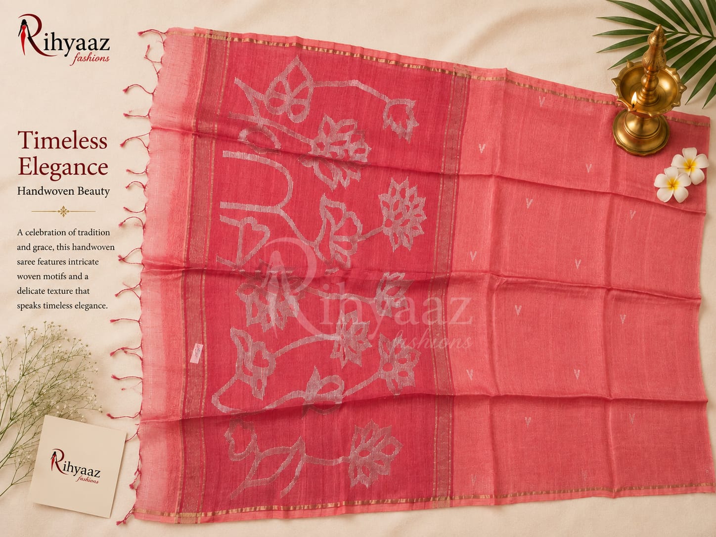 Ayat Linen Silk Resham Anchal Copper Silver Zari Jamdani Weaved Saree by Rihyaaz – Premium Handwoven Festive & Wedding Saree