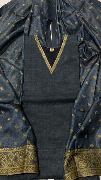 Pure Tussar Silk Handwoven Dress Material Set | Semi-Stitched Kurta with Handwoven Tussar Dupatta