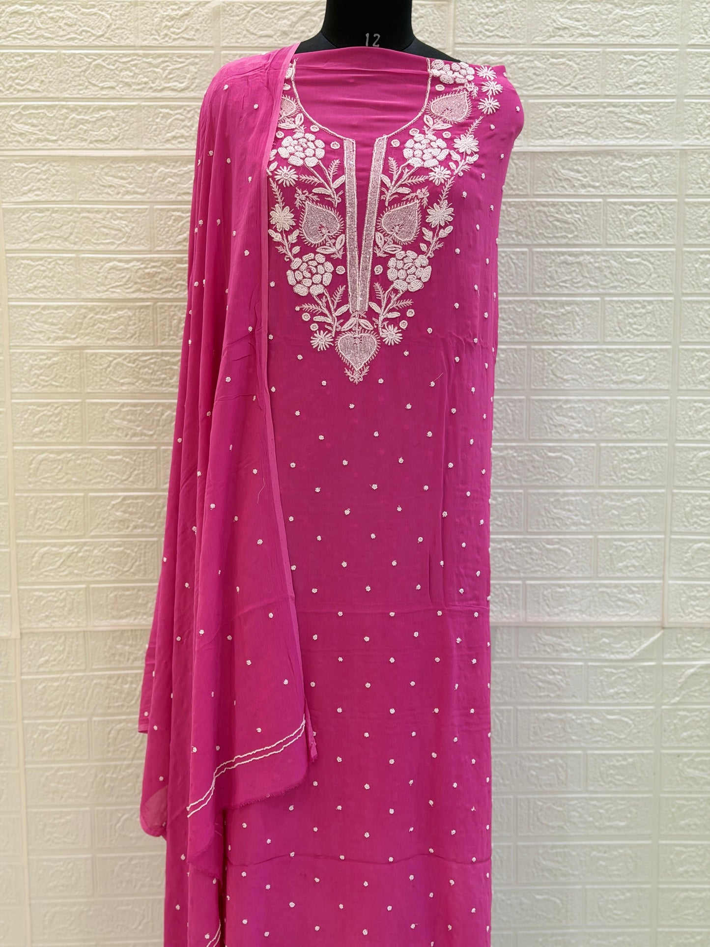 Viscose Georgette Suit Kurta Dupatta Set – Chikan Fine Work | Pearl & Cuttdhana Detailing | Dyeable Fabric
