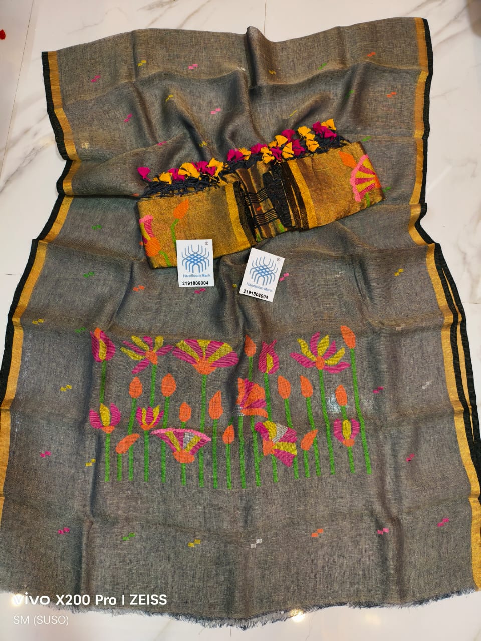 Premium Pichwai Tissue Linen Jamdani Suit with Zari Palla & Floral Zari Dupatta