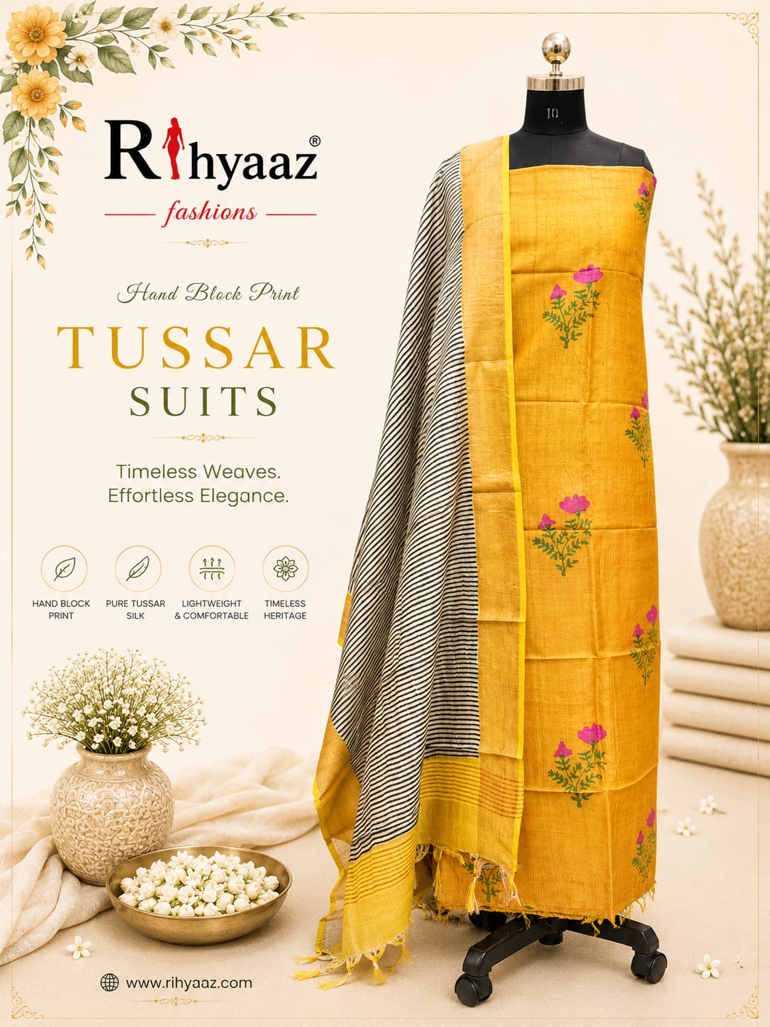 Shringar Handblock Printed Tussar Suit with Zari Border Dupatta