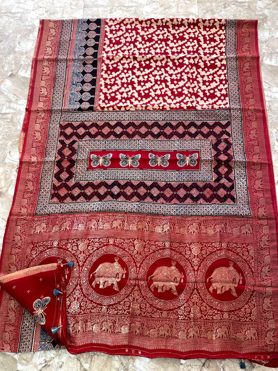 Dola Benarasi Pallu Ajrakh Hand Block Print Saree | Authentic Handloom Elegance