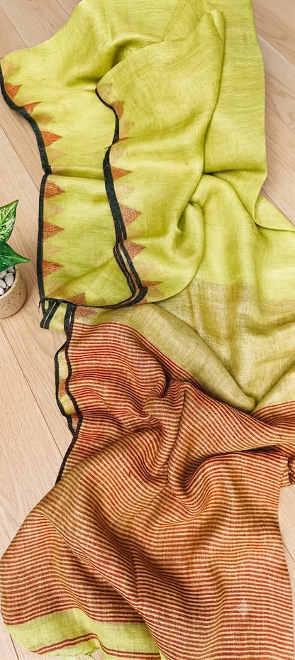 Pure silk Jayashree linen saree with traditional temple border, striped palla and running blouse piece by Rihyaaz Fashions.