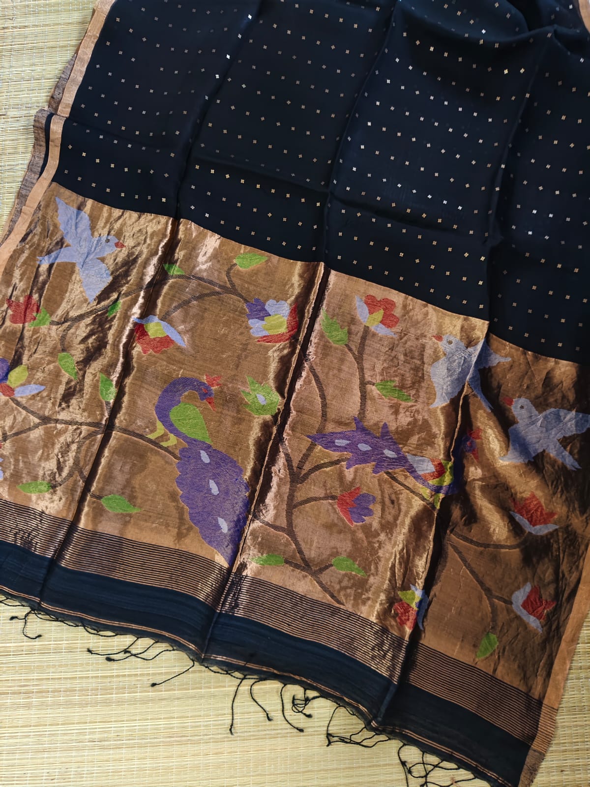 Aleya - 100% pure 4 ply by 4 ply resham silk sequins with tested zari paithani jamdani With pure reshom matka blouse piece