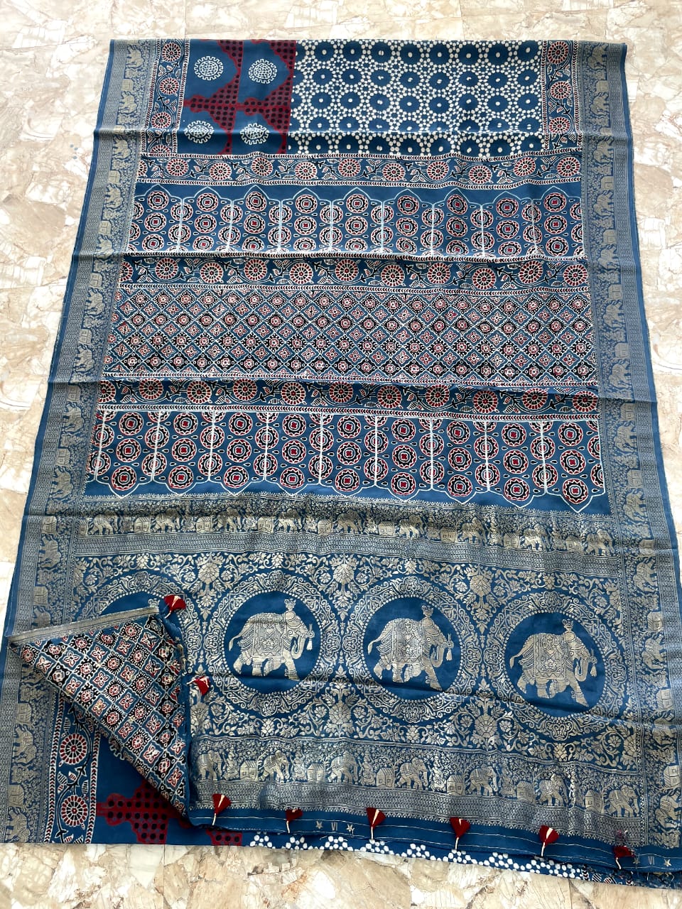 Dola Benarasi Pallu Ajrakh Hand Block Print Saree | Authentic Handloom Elegance