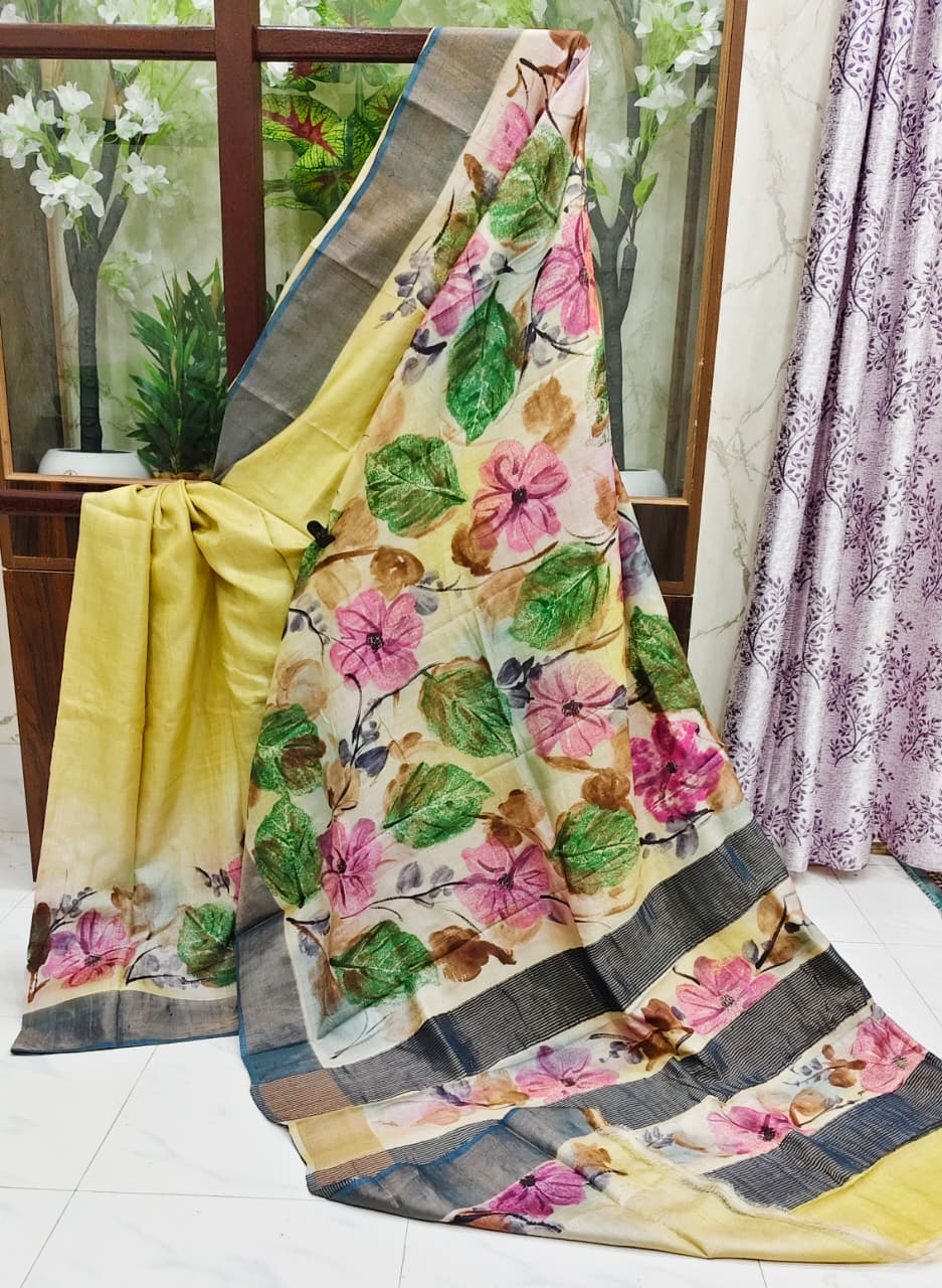 Sparsh – Hand-Painted Bishnupuri Tussar Saree with Zari Border