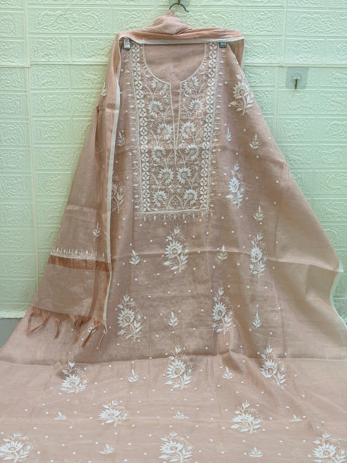 Fabric Rose Gold Tissue Chanderi Suit Set | Chikan Fine Work | Pearl & Cutdana Detailing | Dyeable Fabric