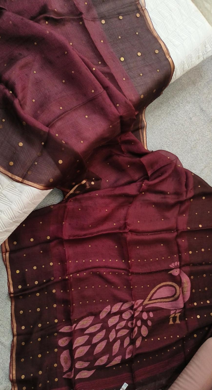 Keka Premium Resham Silk Jamdani Saree with Handwoven Peacock Motif | Metal Gini Work | Rihyaaz