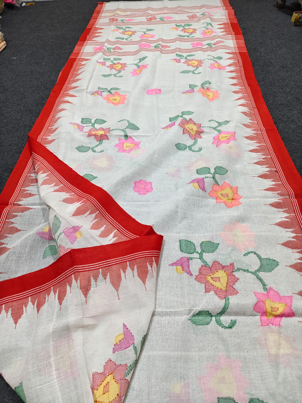 Exclusive handloom Manipuri saree with intricate all-over work, 13–14 haat long length and running blouse piece by Rihyaaz.