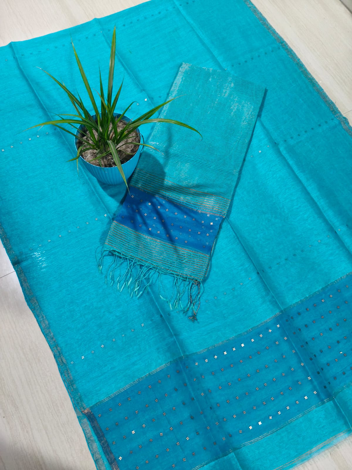 Rupal silk linen sequin woven kurta with micro striped weave and resham palla Jamdani dupatta by Rihyaaz premium handwoven ethnic suit set.
