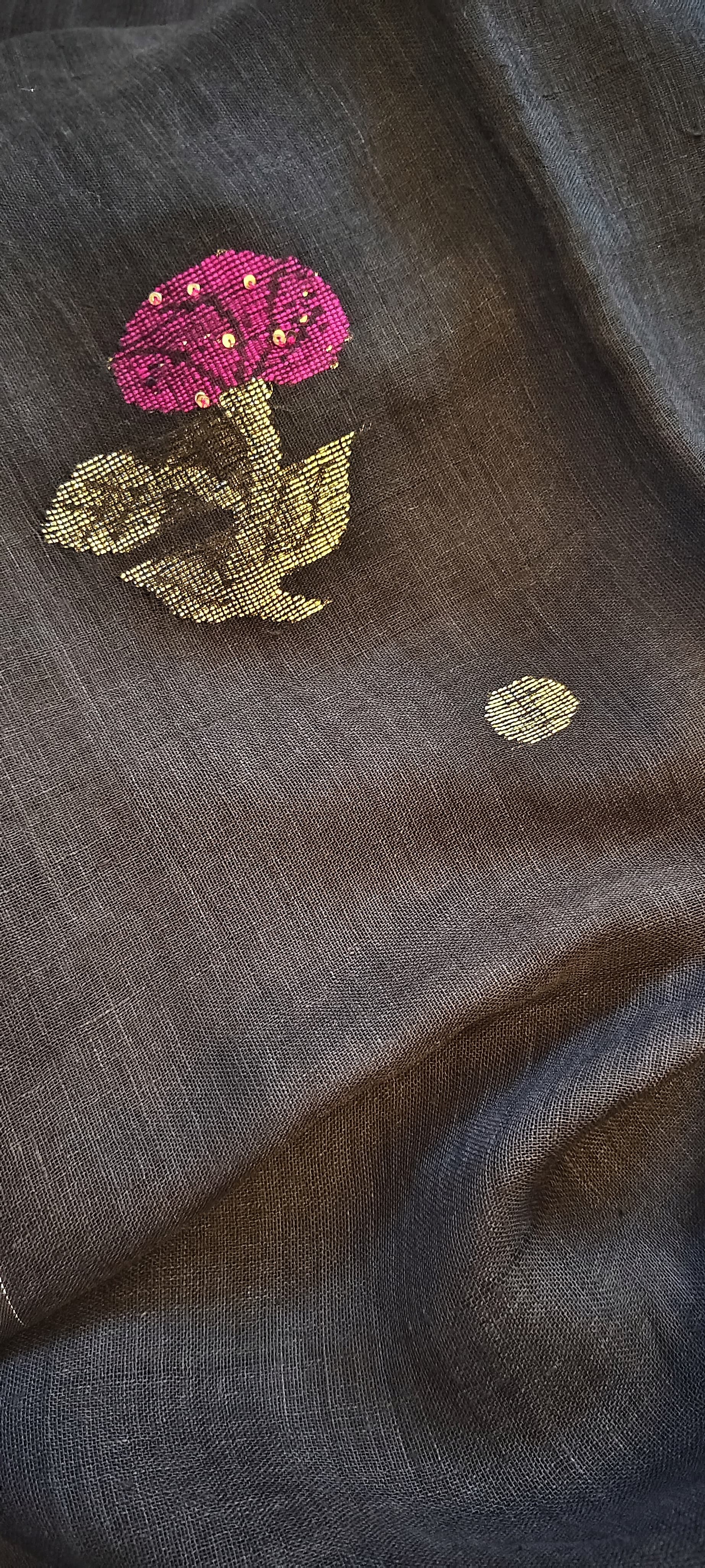 Rukh Pure Linen by Linen handwoven floral motif Jamdani saree with sequence work on motifs and pallu, needlework butta and blouse piece by Rihyaaz