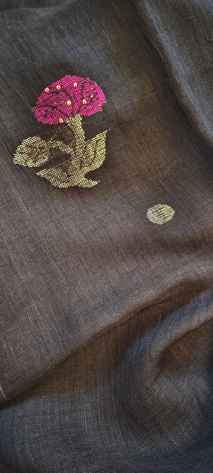 Rukh Pure Linen by Linen handwoven floral motif Jamdani saree with sequence work on motifs and pallu, needlework butta and blouse piece by Rihyaaz
