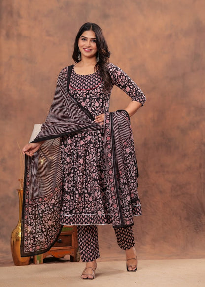 A-Line Anarkali Kurti Pant Set With Dupatta - Bagru Hand Block Printed | Pure Cotton Fabric | Customisable Sizes
