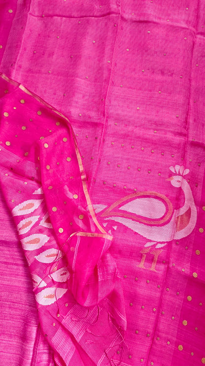 Keka premium Resham Silk Jamdani saree with handwoven needle Jamdani work, metal gini embellishments, peacock motif pallu, thin zari border, and running blouse piece.