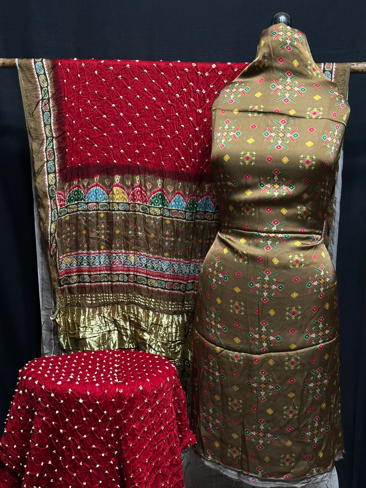 Kalamkari Bandhej 3-Piece Suit – Premium Modal Silk Elegance