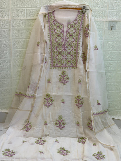 Mul Mul Chanderi Suit Set – Kurta & Dupatta | Fine Chikan Work | Colour-Dyeble Fabric