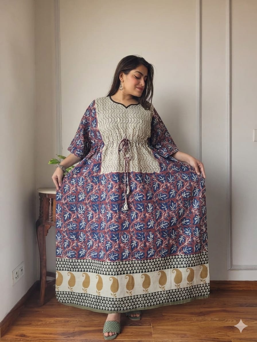 Pure Cotton Ajrakh Print Kaftan (Free Size 36-52") | Hand Block Kaftans