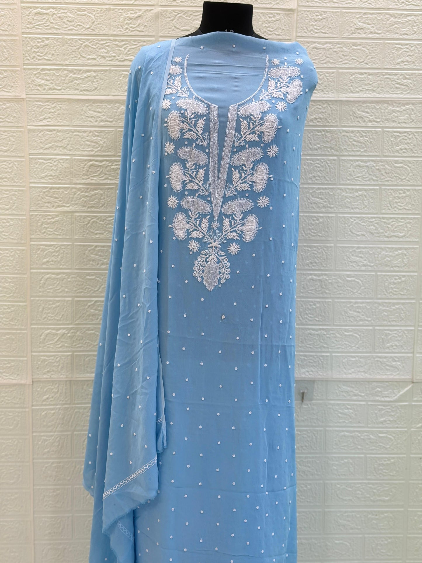 Viscose Georgette Suit Kurta Dupatta Set – Chikan Fine Work | Pearl & Cuttdhana Detailing | Dyeable Fabric