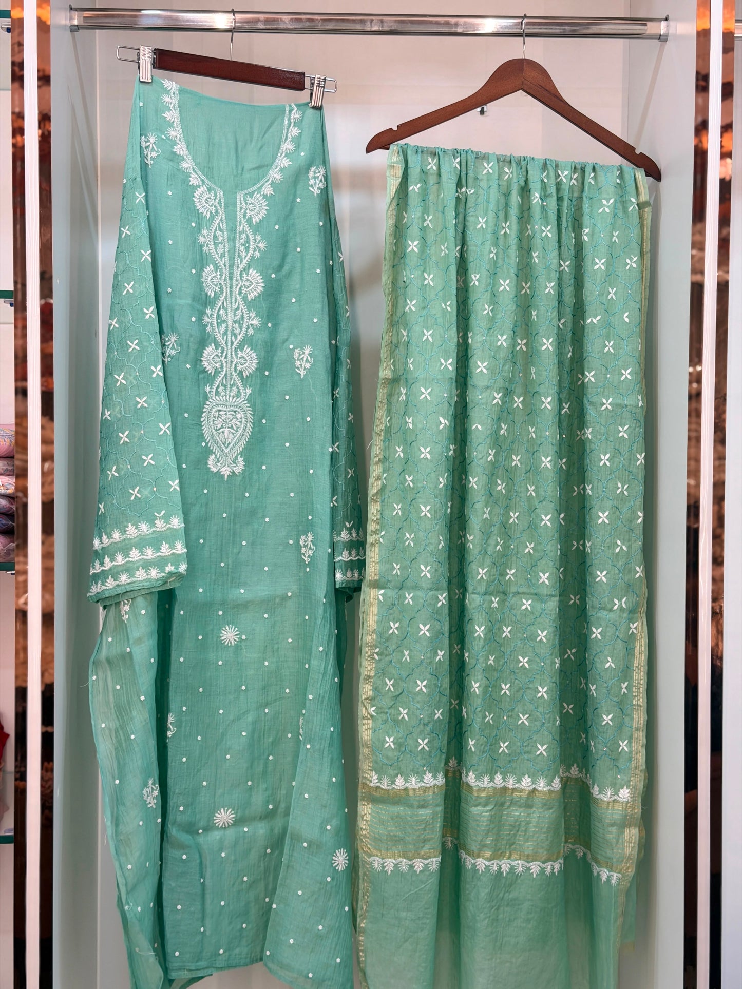 Pure Mulmul Chanderi Chikankari Straight Suit Set with Heavy Resham Jaal Work | Semi-Stitched | Rihyaaz