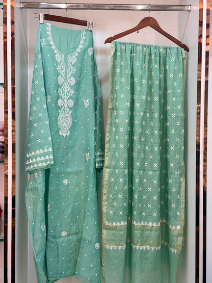 Pure Mulmul Chanderi Chikankari Straight Suit Set with Heavy Resham Jaal Work | Semi-Stitched | Rihyaaz