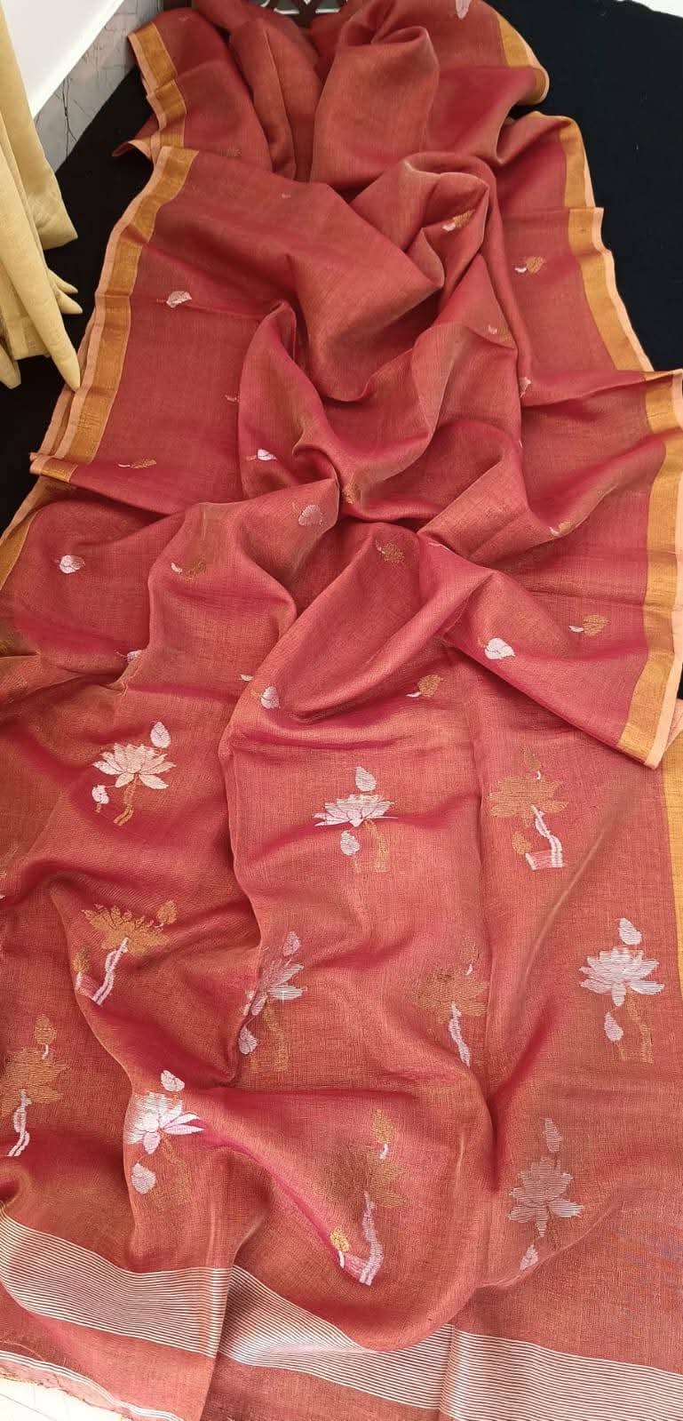 Pure Tissue Linen Handwoven Butta Work Jamdani Saree with Running Blouse Piece Premium Handloom Collection