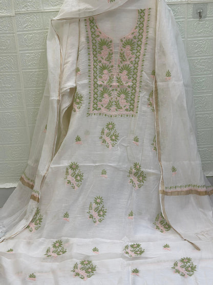 Mul Mul Chanderi Suit Set – Kurta & Dupatta | Fine Chikan Work | Colour-Dyeble Fabric