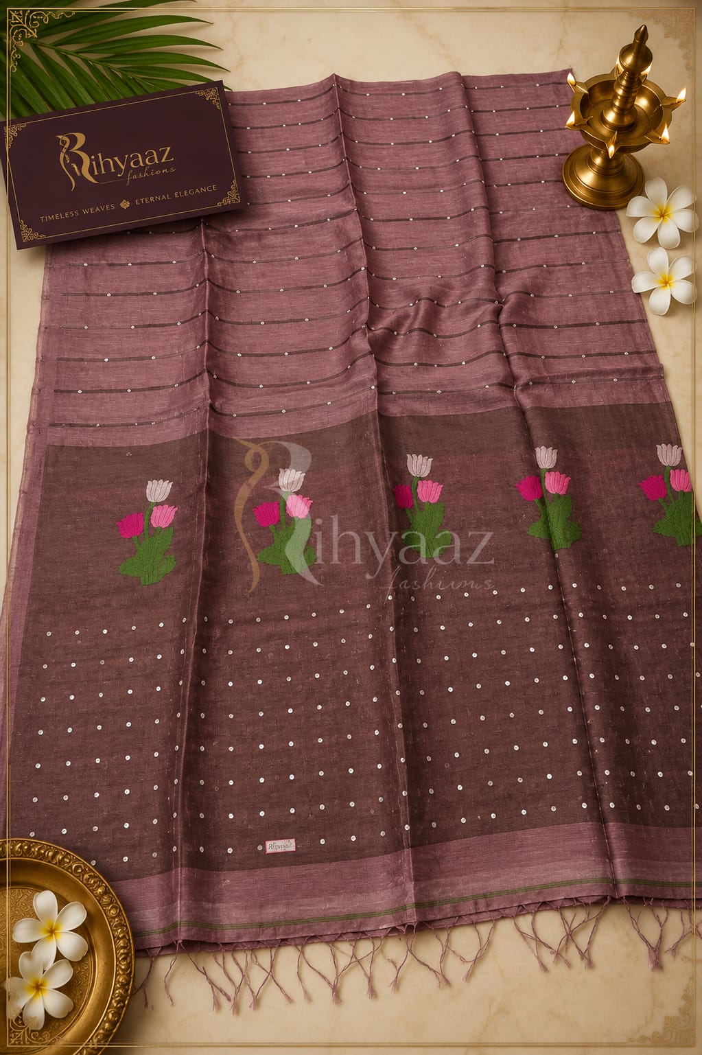 Tinka premium linen saree with resham tulip woven Jamdani anchal and all-over sequin detailing by Rihyaaz