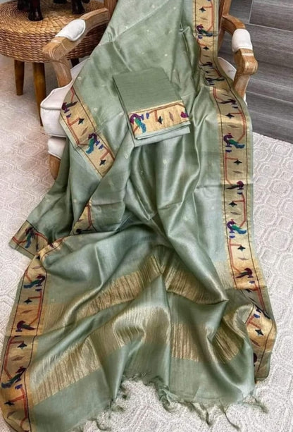 Pure Handloom Tussar Silk Suit - Exquisite Embroidery Border | Premium Weave | Silk Mark Certified