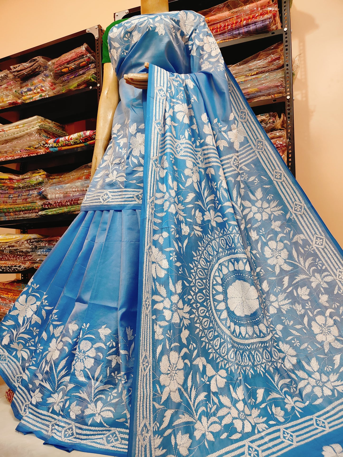 Traditional Shantiniketan Hand Kantha Stitch Saree in Blended Bangalore Silk | Rihyaaz