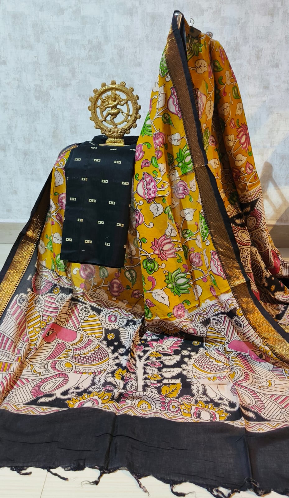 Ikkat Raw Silk Unstitched Dress Material with Kalamkari Dupatta