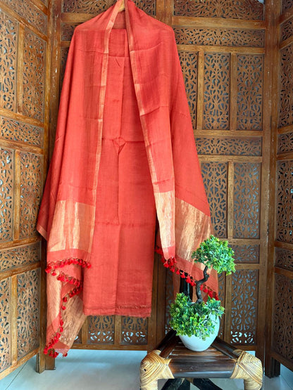 ℛ𝓊𝓉𝒷𝒶 | Premium Polka Dot Linen Suit With Broad Zari Palla Dupatta