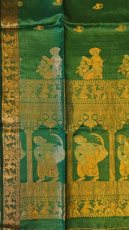 Dhakai exclusive pure Bengal tussar silk saree featuring elegant Tussar Swarnachuri weave, paired with a running blouse piece, from Rihyaaz’s premium handloom collection.