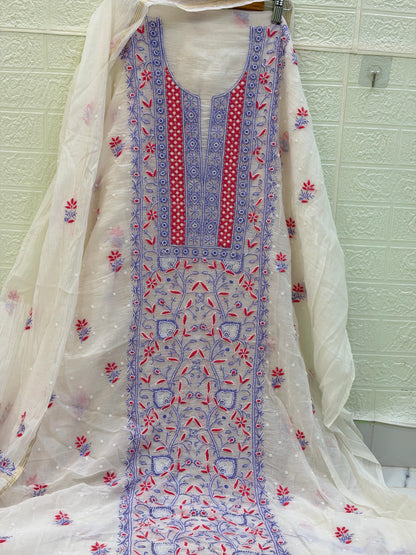 Fabric Mul Mul Chanderi Suit Set – Kurta & Dupatta | Chikan Fine Work | Colour Thread Embroidery | Pearl & Cuttdhana Detailing | Dyeable Fabric