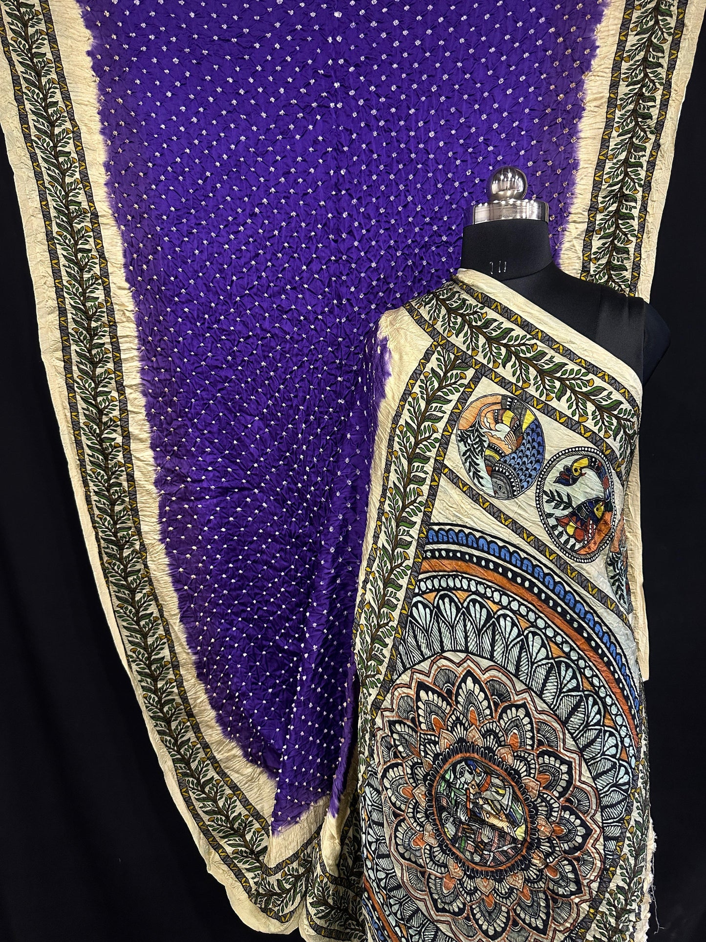 Pure Modal Silk Bandhani Saree – Kalamkari x Bandhani Fusion | Natural Block Prints