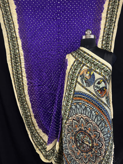 Pure Modal Silk Bandhani Saree – Kalamkari x Bandhani Fusion | Natural Block Prints