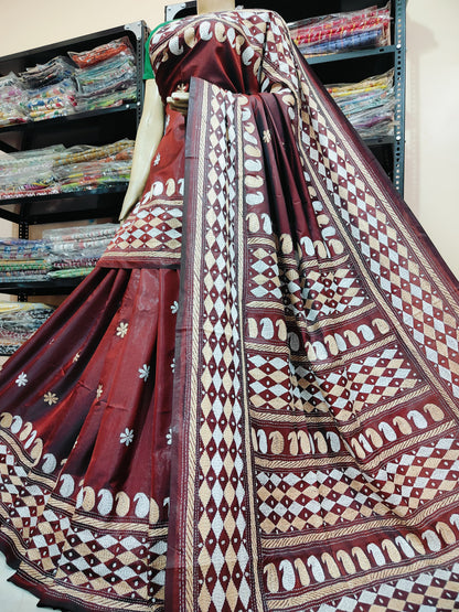 Traditional Shantiniketan Hand Kantha Stitch Saree in Blended Bangalore Silk | Rihyaaz