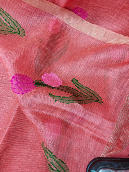 Lilac silk linen saree with intricate Jamdani weaved anchal by Rihyaaz, showcasing elegant traditional Indian handloom craftsmanship.