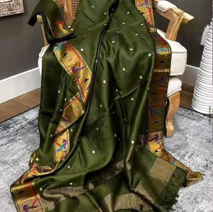 Pure Handloom Tussar Silk Suit - Exquisite Embroidery Border | Premium Weave | Silk Mark Certified