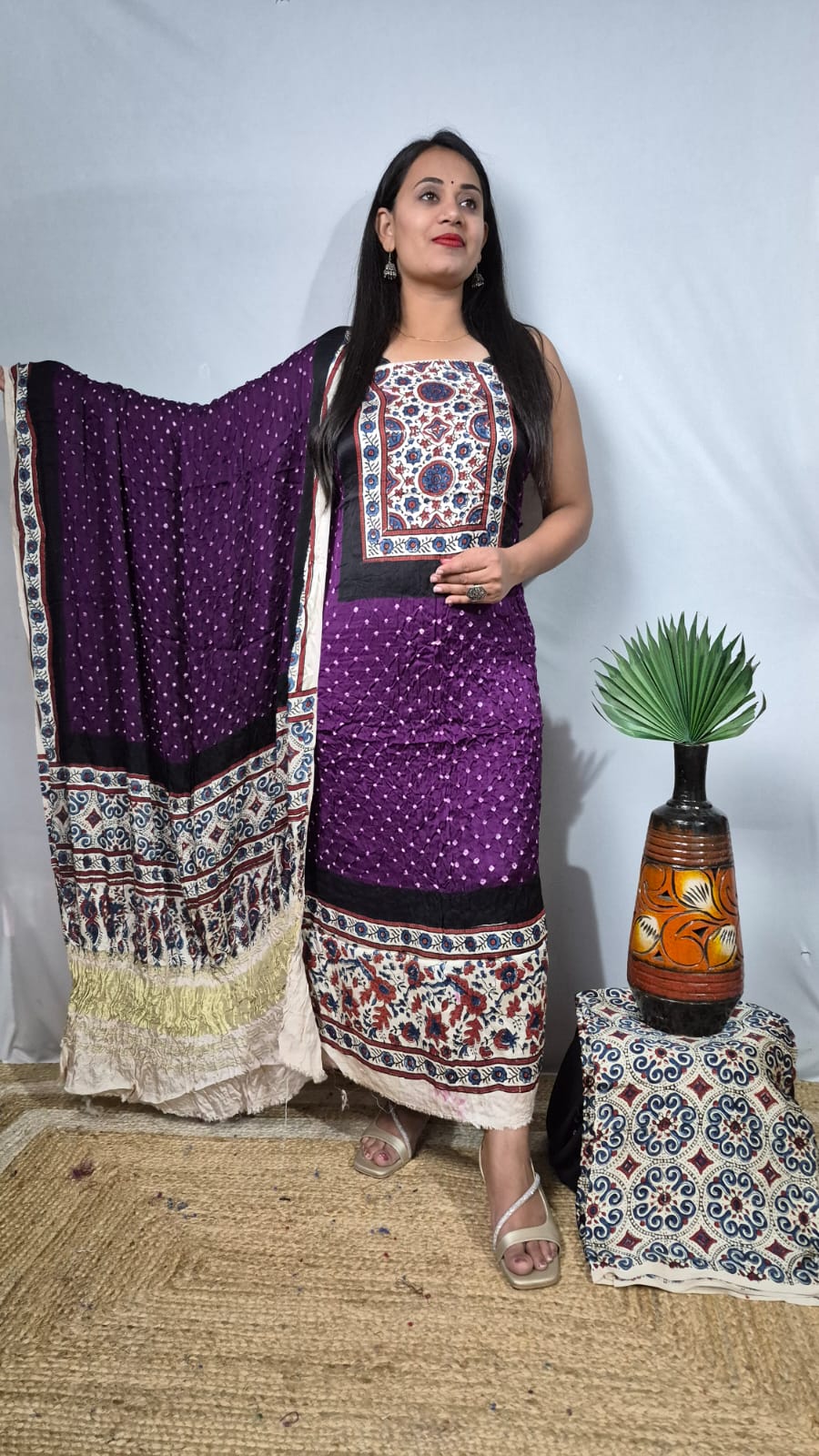 Modal Silk Ajrakh Bandhani 3-Piece Suit Set