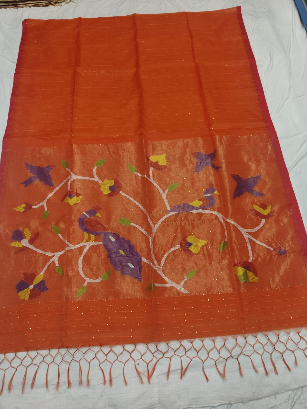 𝓞𝓭𝓱𝓪𝓷𝓲 – Muslin Silk Pathani Weave Saree with All-Over Sequin Elegance