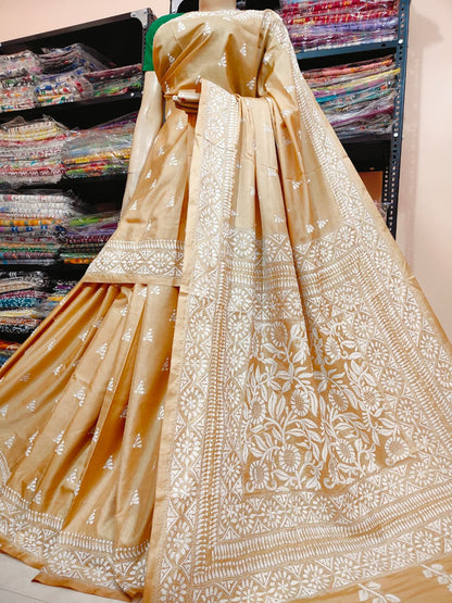 Traditional Shantiniketan Hand Kantha Stitch Saree in Blended Bangalore Silk | Rihyaaz