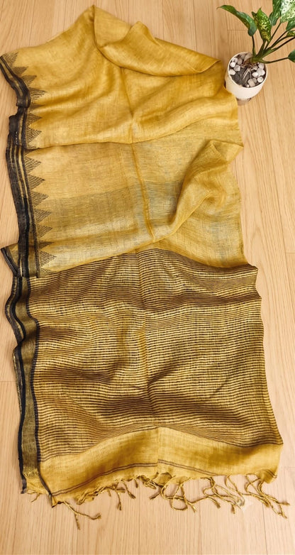 Pure silk Jayashree linen saree with traditional temple border, striped palla and running blouse piece by Rihyaaz Fashions.
