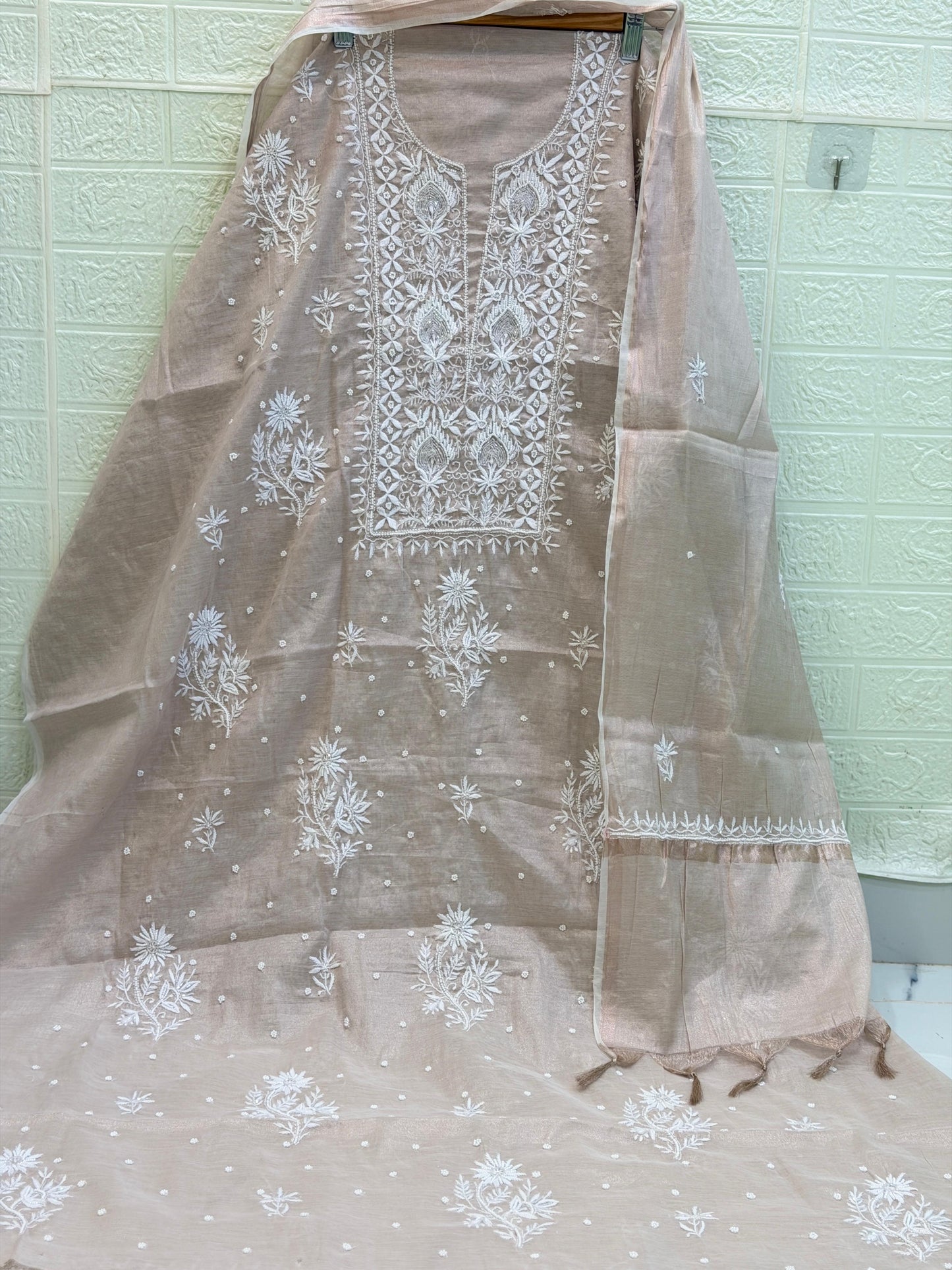 Fabric Rose Gold Tissue Chanderi Suit Set | Chikan Fine Work | Pearl & Cutdana Detailing | Dyeable Fabric