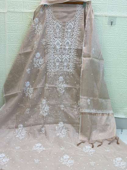 Fabric Rose Gold Tissue Chanderi Suit Set | Chikan Fine Work | Pearl & Cutdana Detailing | Dyeable Fabric