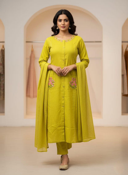 Kaavya – Elegant Flair Straight Kurta Set | Cotton Pant & Malmal Dupatta | Premium Embroidered Suit Set