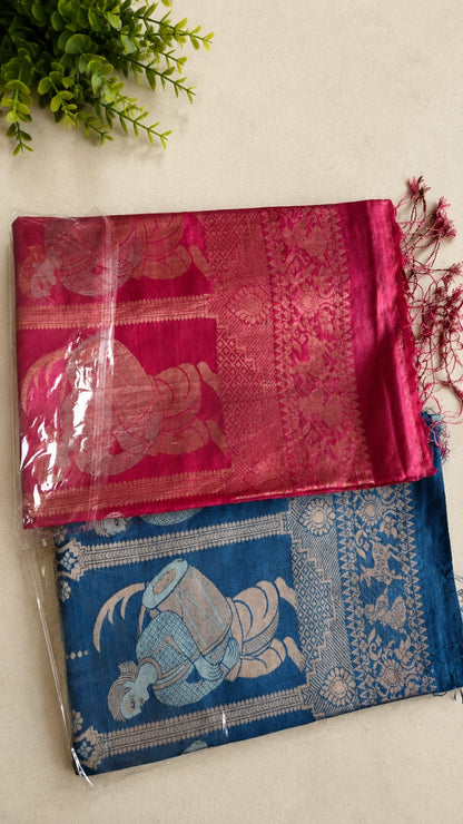 Dhakai exclusive pure Bengal tussar silk saree featuring elegant Tussar Swarnachuri weave, paired with a running blouse piece, from Rihyaaz’s premium handloom collection.