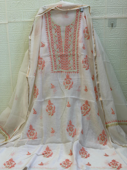 Mul Mul Chanderi Suit Set – Kurta & Dupatta | Fine Chikan Work | Colour-Dyeble Fabric